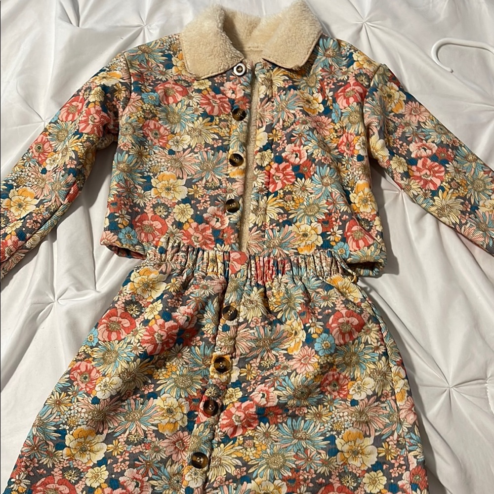 Floral jacket and skirt Kids  with Faux Fur Collar